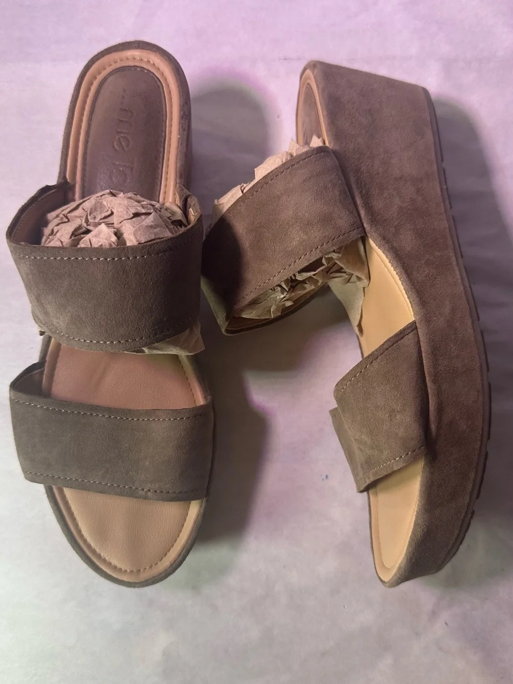 Two-Strap Suede Wedge Sandal - Cognac Brown
